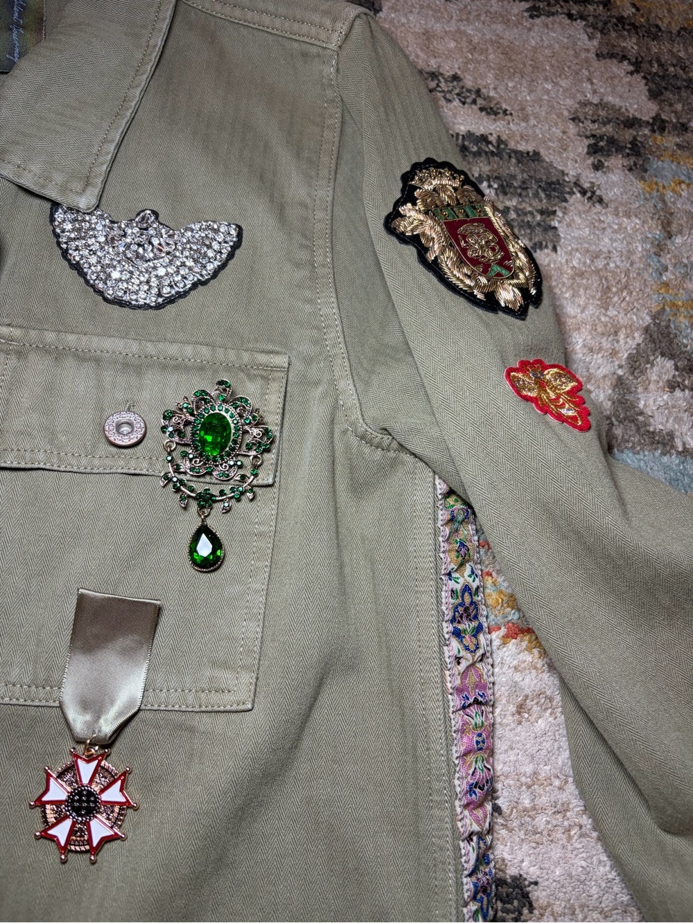 Aratta Olive Green Military-Style Embellished Utility Jacket